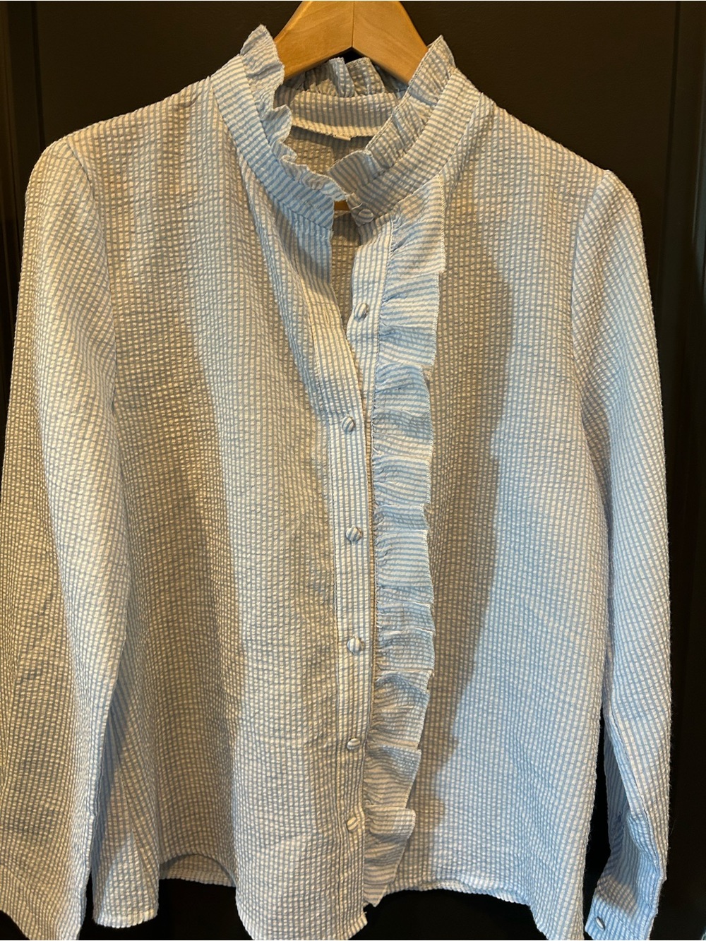 Ruffled Seersucker Button-Down Shirt in Light Blue